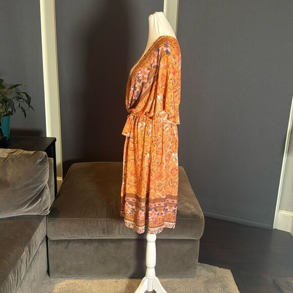 V-Neck Bohemian Orange Floral Print Short Summer Dress Cover Up Size XL NEW - Picture 8 of 13
